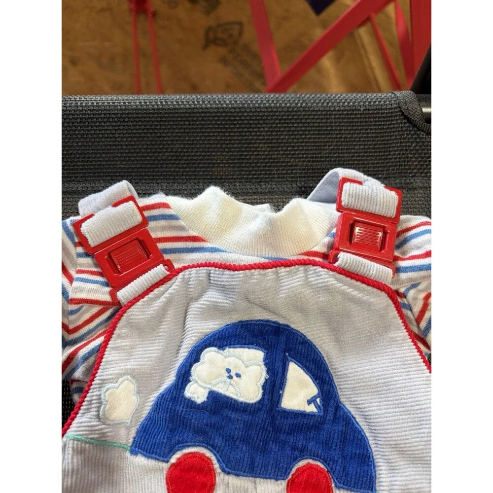 Vintage 2pc Footed Cotton Coverall + Striped Shirt Cars Applique 3-6 Months